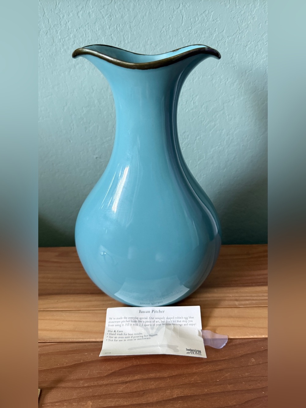 Southern Living at Home Tuscan Pitcher Robin’s Egg Blue Stoneware 12”